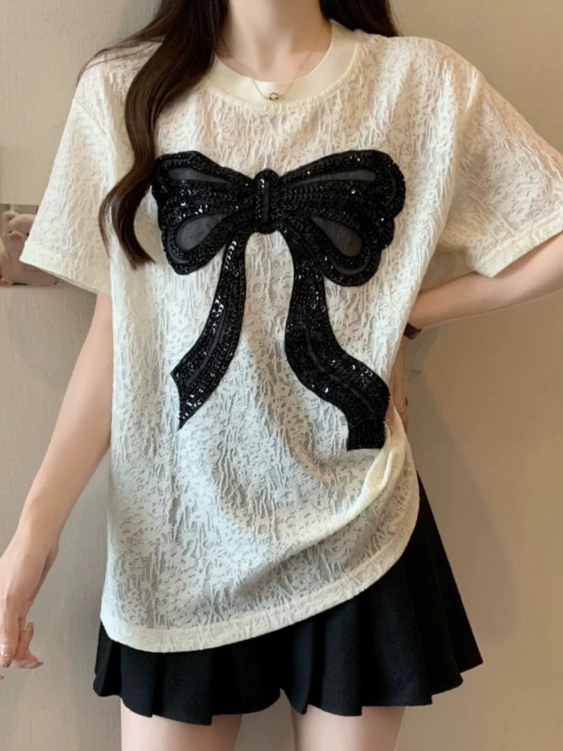 3110 夏季重工蝴蝶结百搭高级感短袖T恤