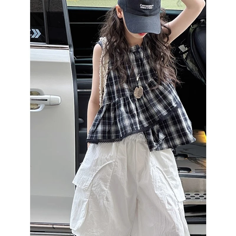 女童夏装无袖格子背心工装短裤两件套2025新款儿童洋气宽松两件套