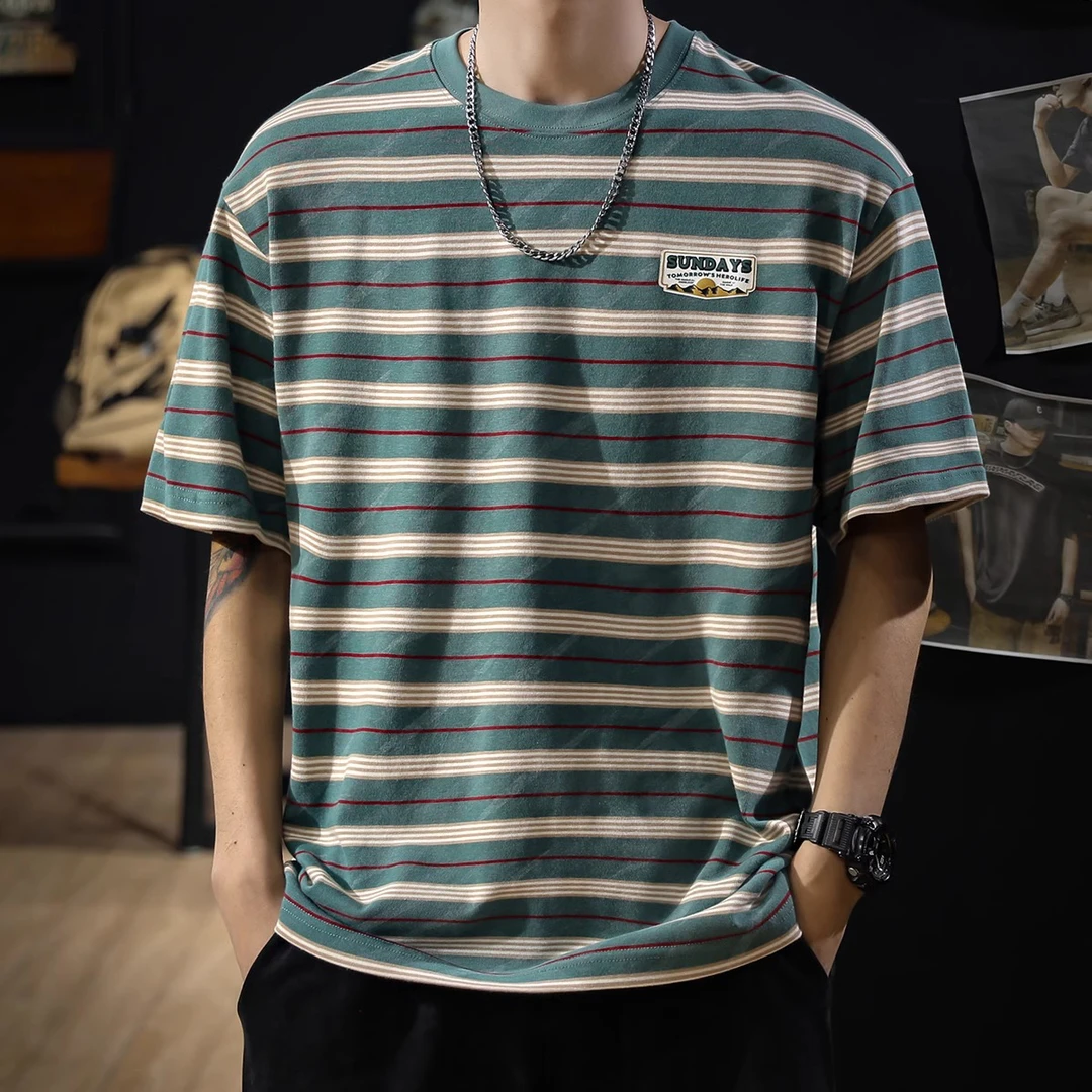 GTRT潮流重磅纯棉条纹复古短袖t恤男士2025夏季新款大码百搭休闲