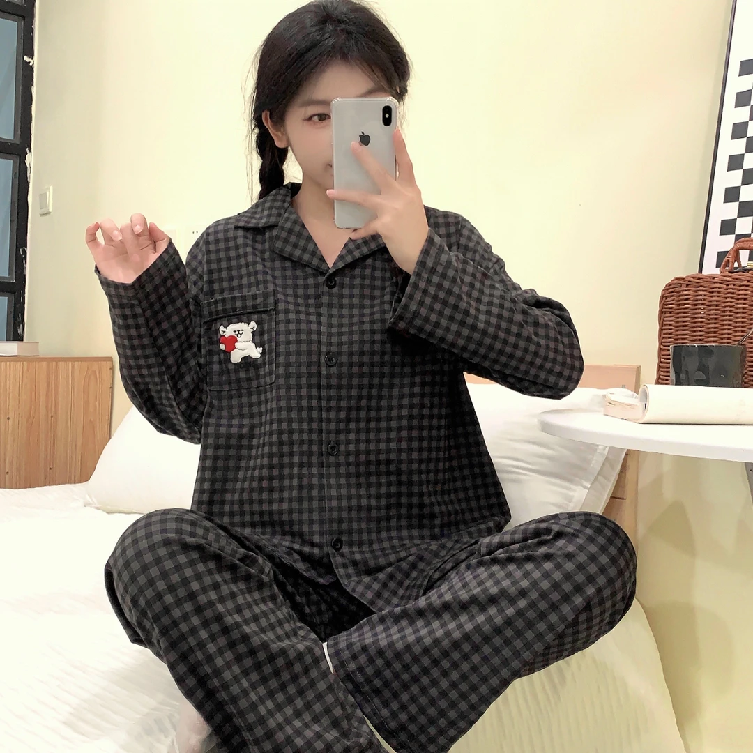 格子线条狗春秋季纯棉情侣睡衣套装薄款长袖卡通开衫男女士家居服