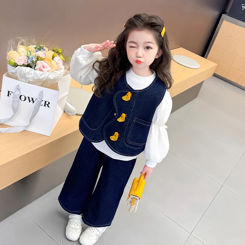 女童春秋款牛仔直筒裤套装2025新款洋气时髦儿童鸭子宝宝春季春装
