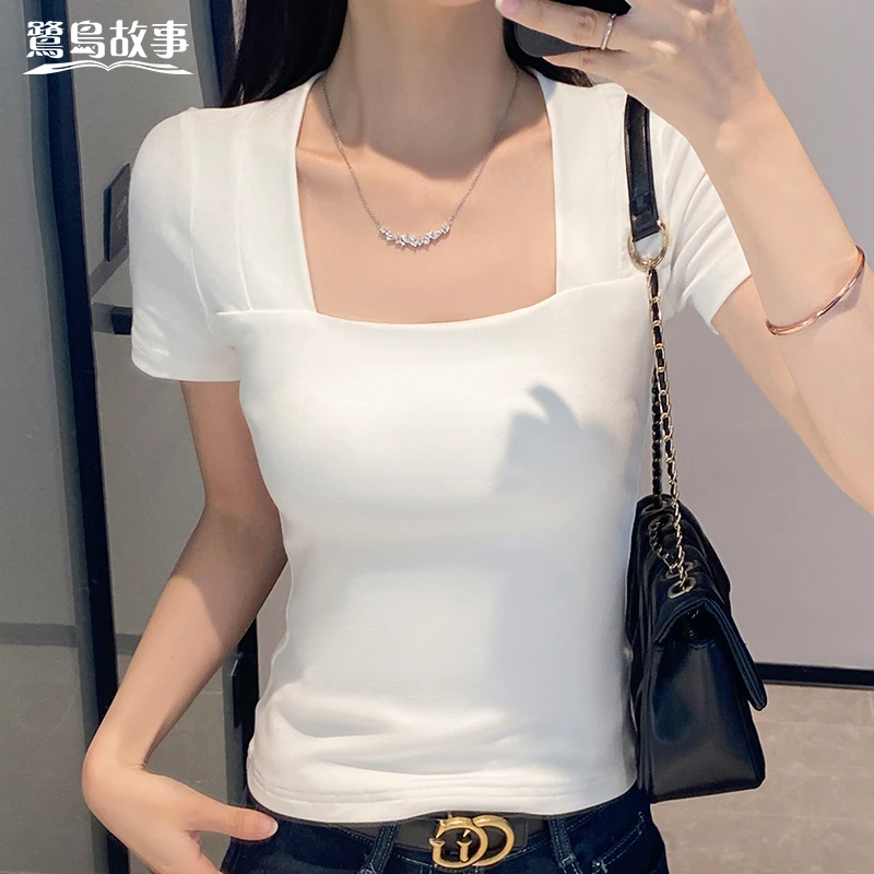 鹭岛故事白色方领短袖t恤女春夏修身肩带设计感打底衫内搭上衣潮