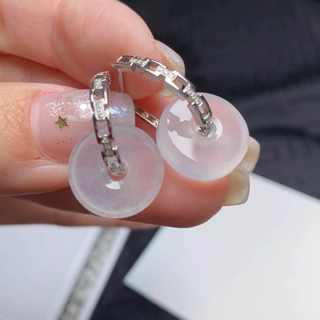 翡翠18K金镶嵌耳饰高冰路路通➕链条耳包