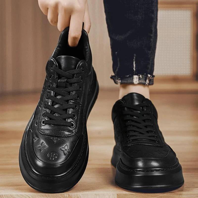 新款板鞋男时尚百搭系带厚底休闲皮鞋软底圆头潮黑色男鞋CL1565