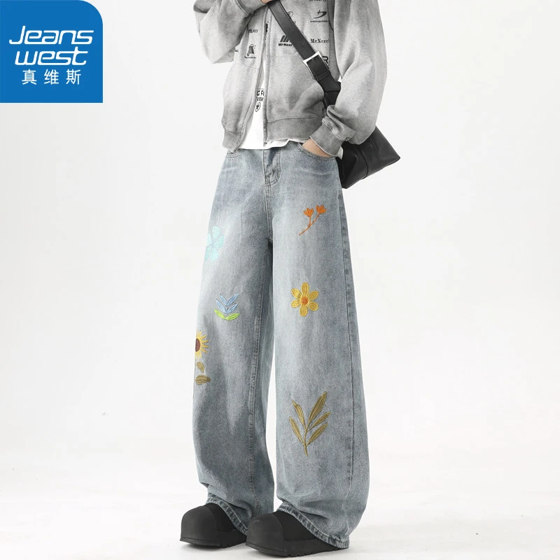 真维斯潮牌美式花卉刺绣水洗牛仔裤男复古宽松情侣cleanfit长裤
