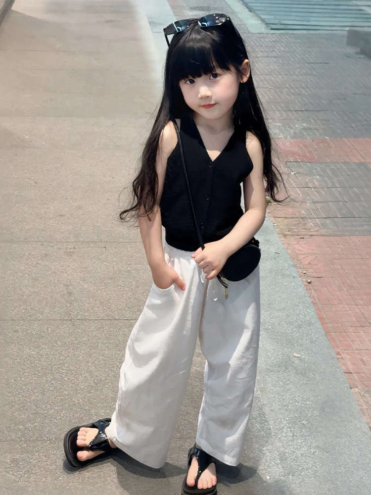 女童夏季套装2025新款儿童时髦夏装韩版洋气白色宽松阔腿裤两件套