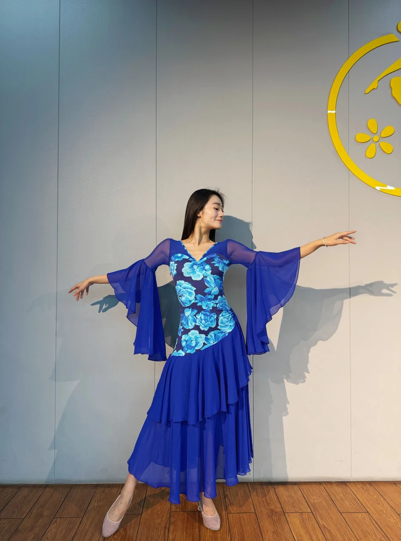 定制款-蓝色印花韩国高弹水晶麻时尚气质简约舒适摩登舞服连衣裙