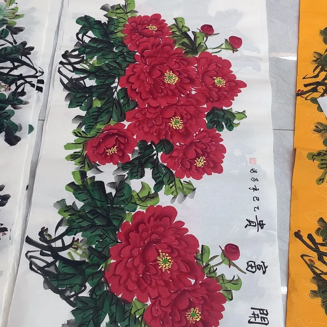 国画国画作品原稿四尺横幅红色