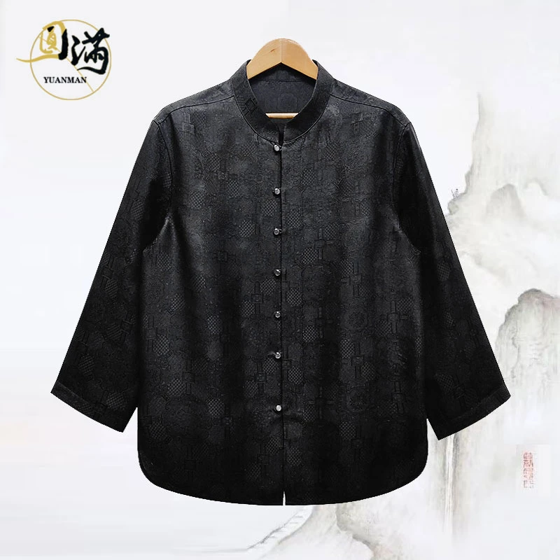 [四经绞罗]圆满香云纱桑蚕丝绞罗透孔罗盘扣立领长袖衬衫CX5722