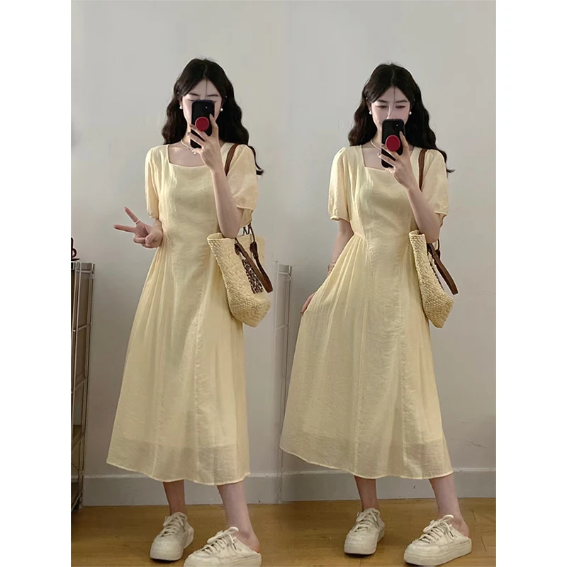 大码法式高级感方领连衣裙女夏胖mm超仙别致收腰遮肉显瘦温柔长裙