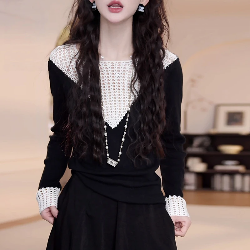 今年流行小众女装2025年早秋百搭手工镂空钩花拼接毛针织长袖Y