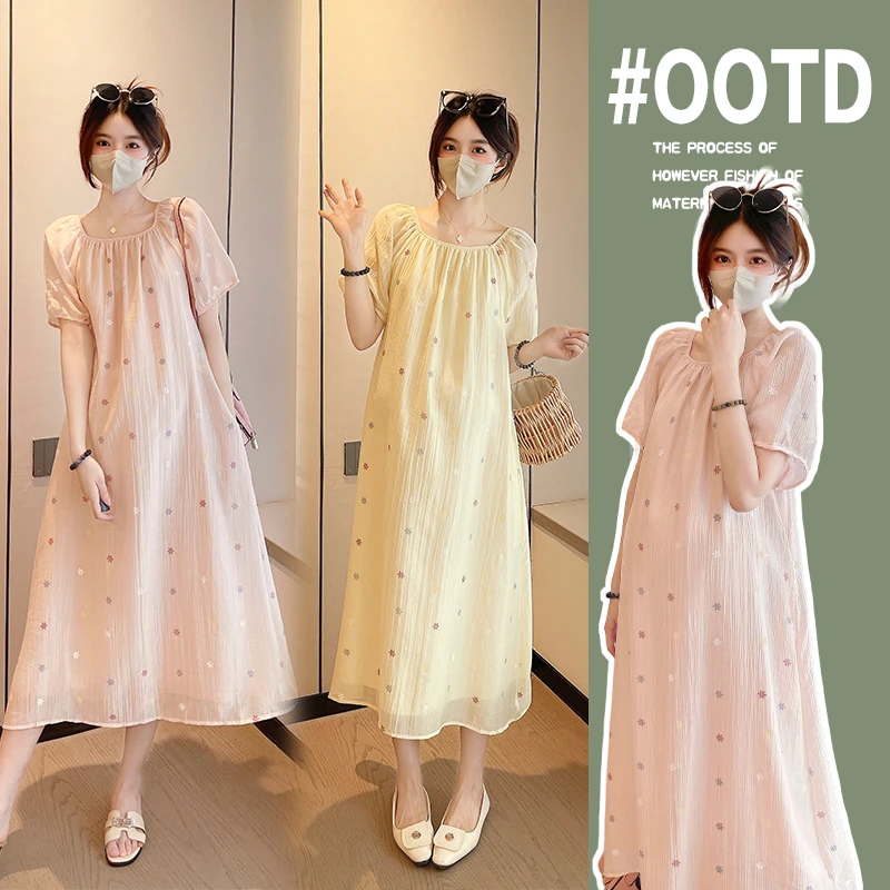 孕妇装连衣裙2025新款夏季雪纺中长款裙子有腰带大码显瘦气质洋气
