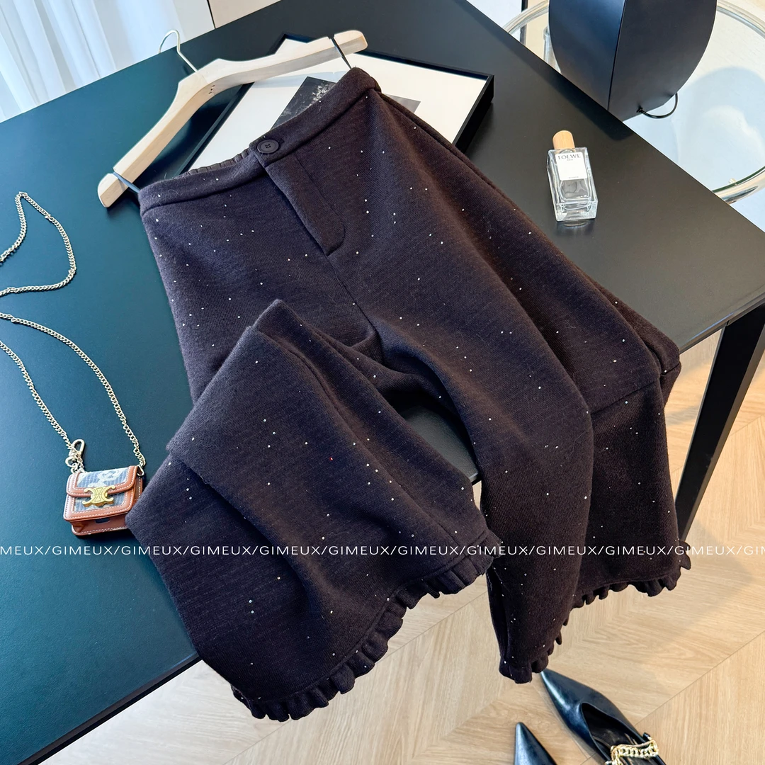 极简风复古毛呢阔腿裤女2025新款冬季亮片高腰显瘦加绒宽松休闲裤