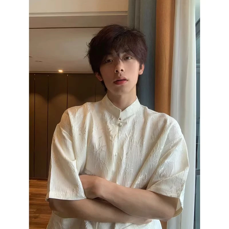 新中式国风男装高级感唐装短袖衬衫2025年夏季盘口立领中山装衬衣