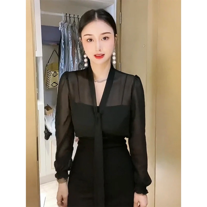 欧货夏季新款气质V领长袖衬衣女高级感设计微透显瘦百搭防晒衫潮