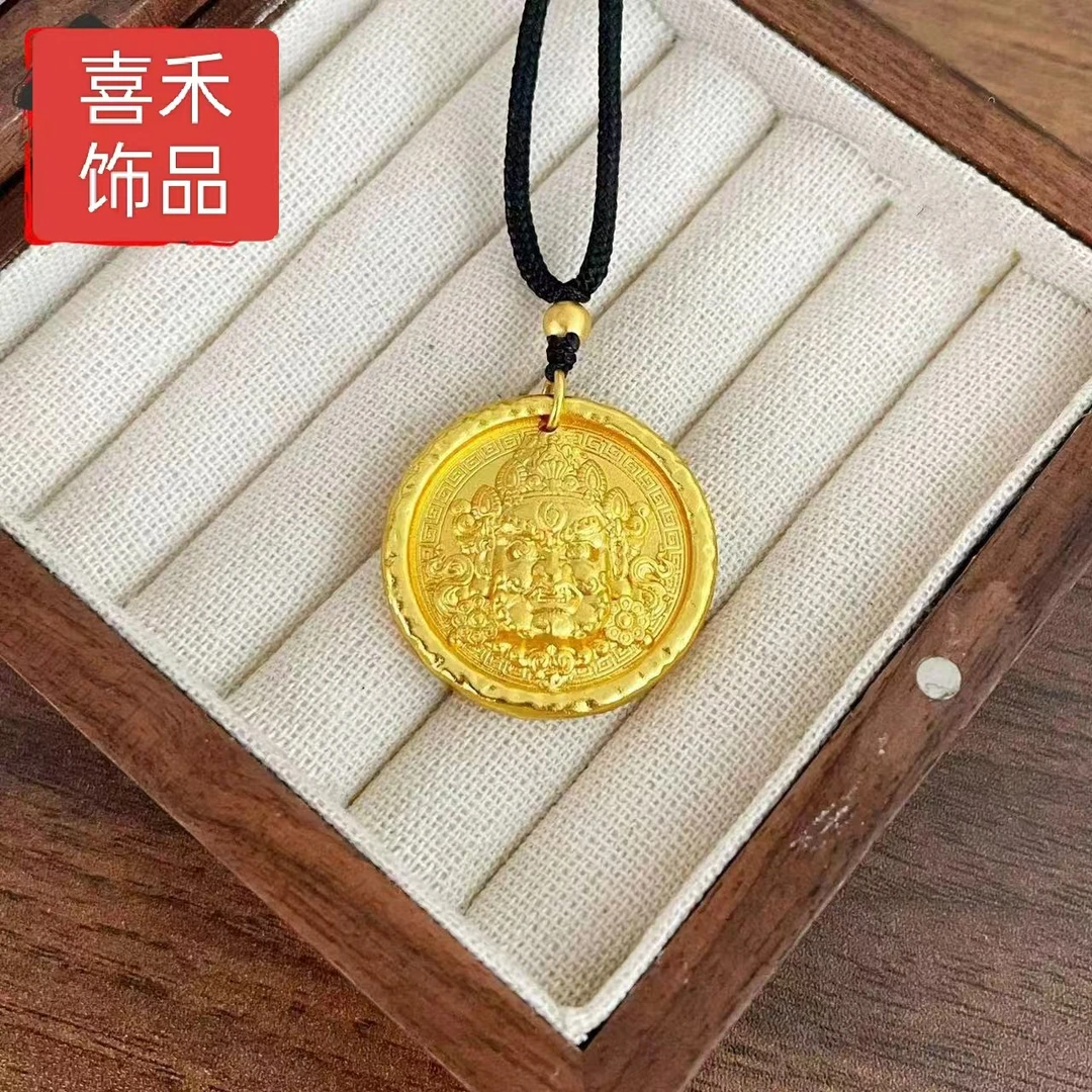 合金吊坠 金店同款黄财神吊坠绳男女圆牌项链招财圆牌錾刻挂坠