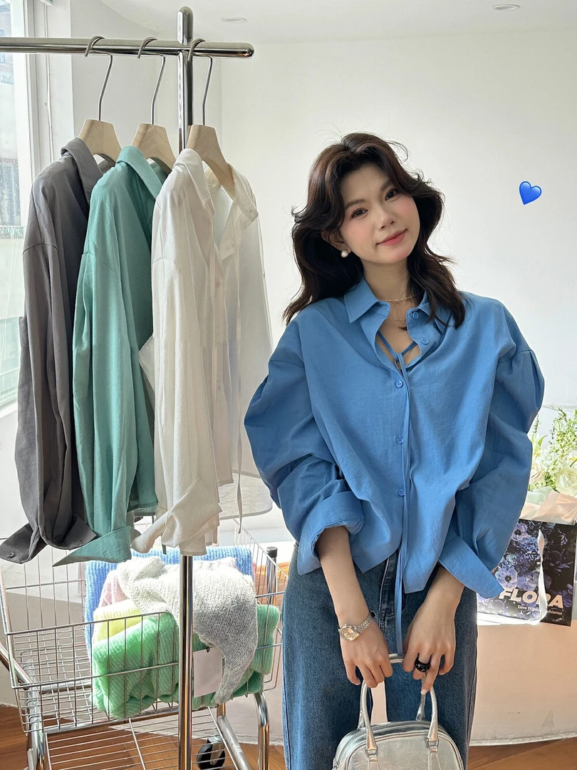 韩版设计感小众翻领系带薄款宽松时尚蓝色气质休闲长袖衬衫上衣