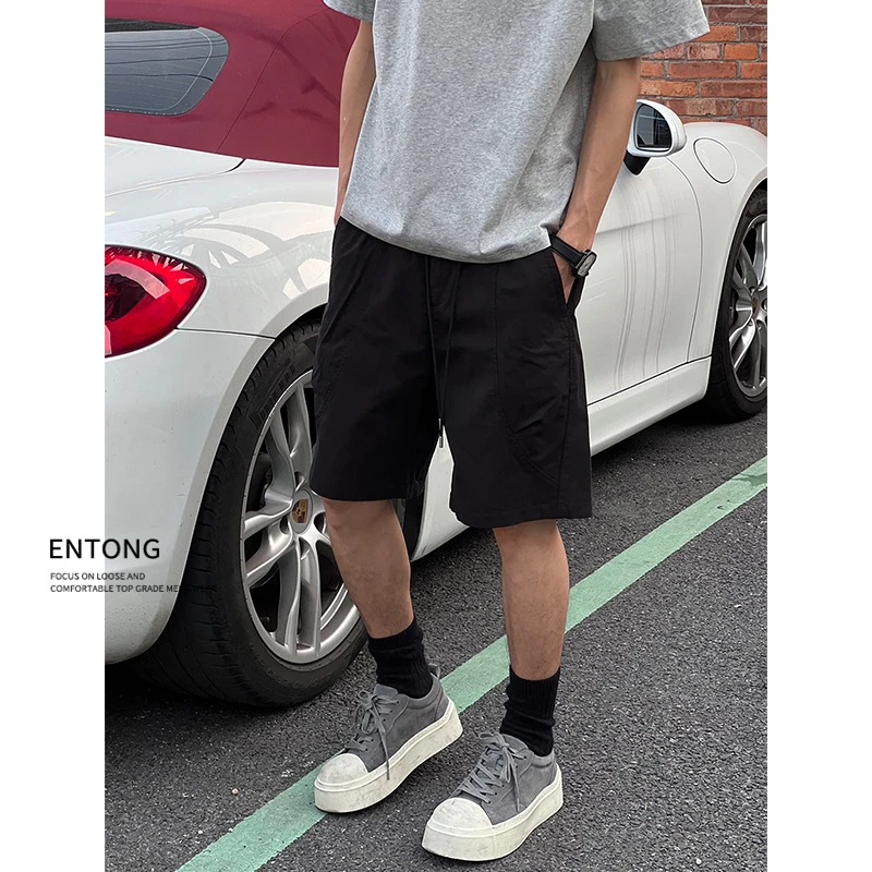 Entong美式潮牌街头宽松抽绳解构夏季薄款五分休闲短裤男直筒裤子