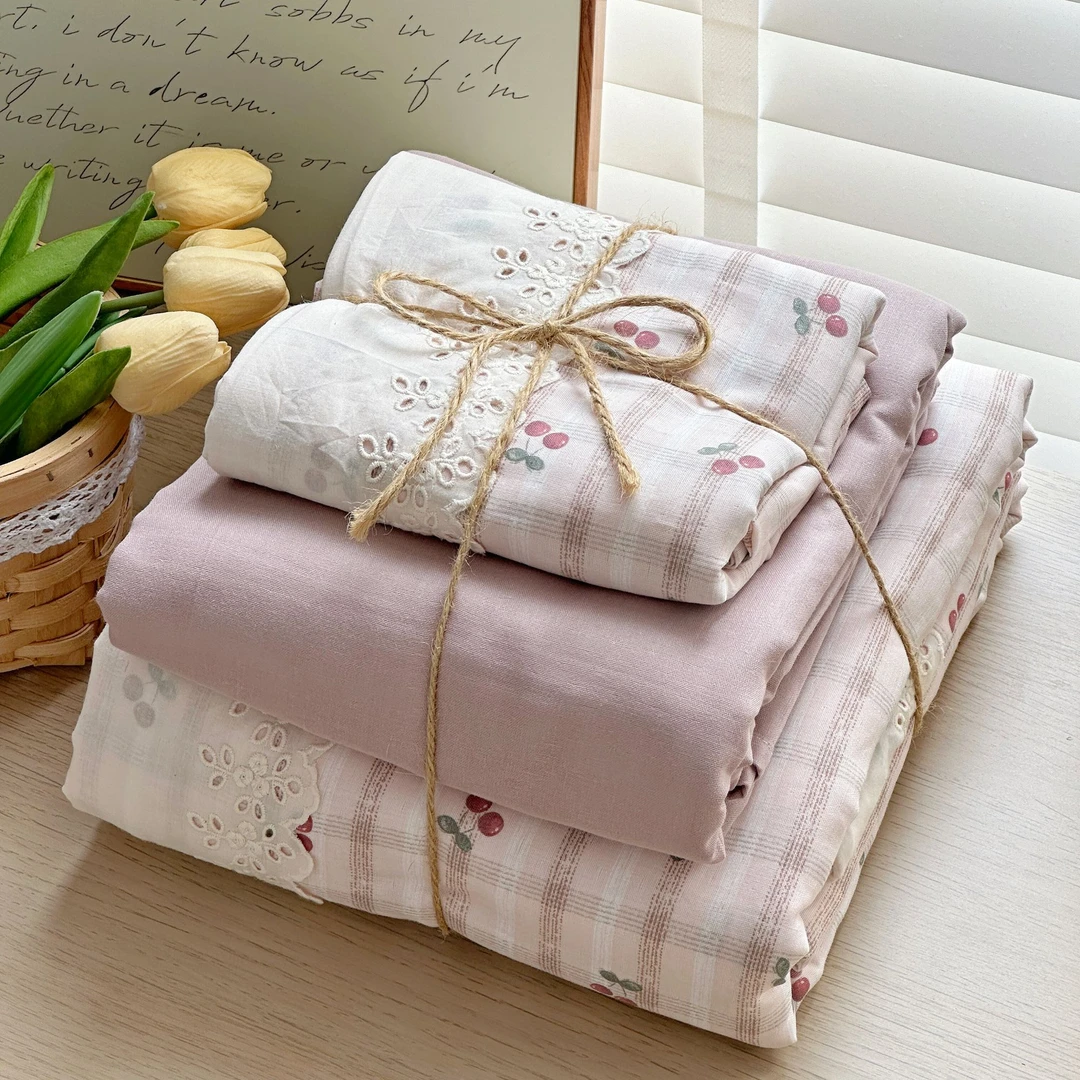 小玲子 蕾丝樱桃酱 全棉双层纱三件套四件套 花边印染工艺 小清新