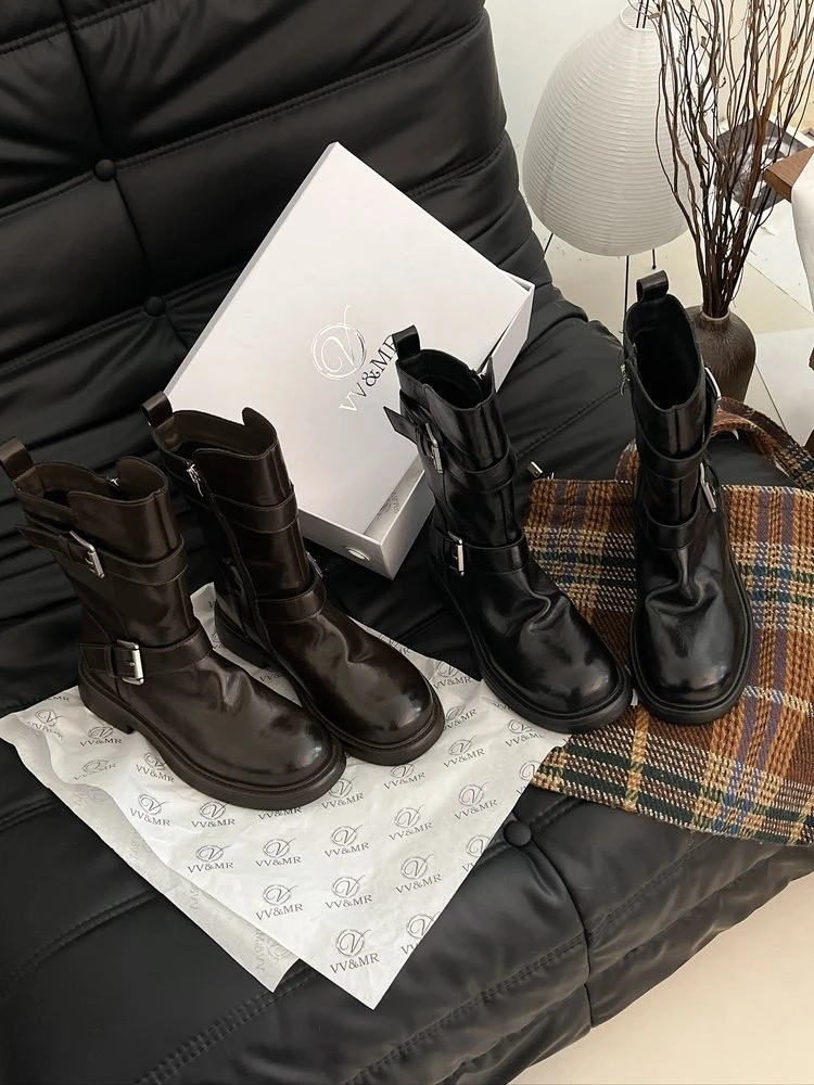 VV&MR真皮皮带扣侧拉链骑士靴