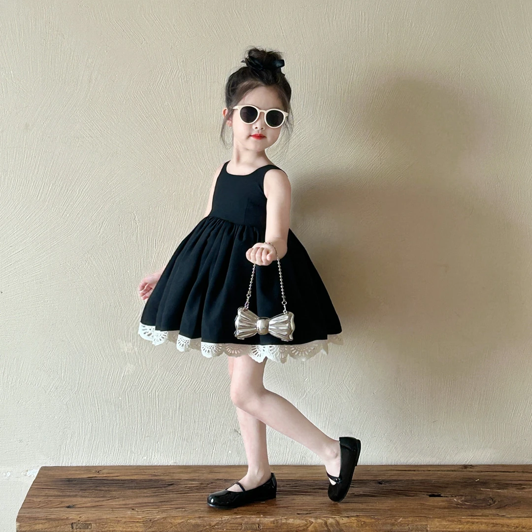 女童无袖宝宝背心裙连衣裙2025夏季新款小女孩气质露背黑色裙子潮