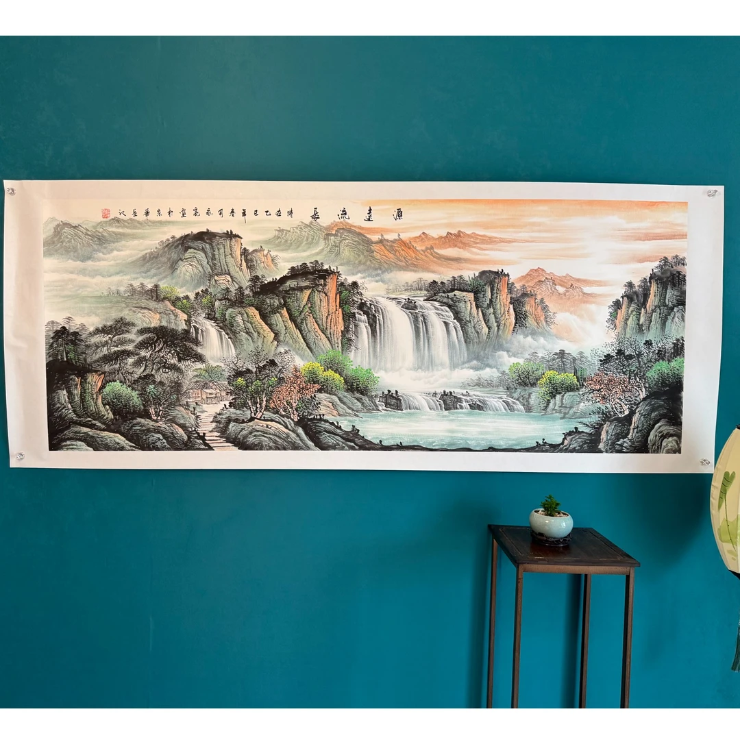 纯手绘【源远流长B】山水画客厅画东墙画办公室画寓意好国画水墨画