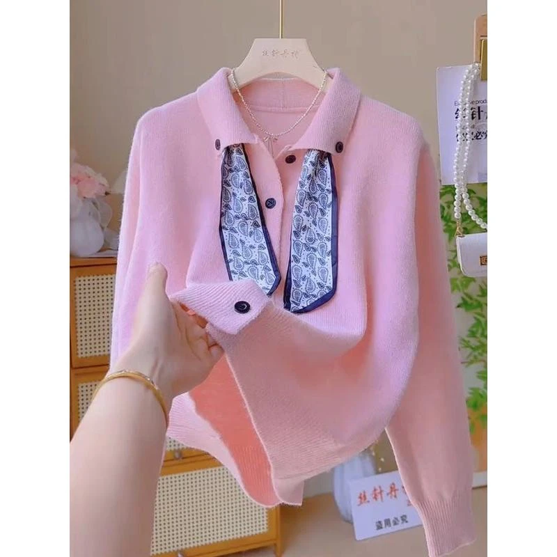 韩系复古翻领配丝巾软糯毛衣开衫女秋冬时尚休闲简约洋气针织外套