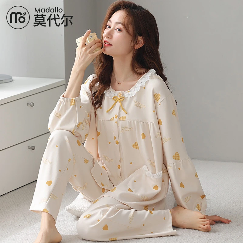 莫代尔春秋季纯棉睡衣女长袖甜美薄款大码家居服全棉可外穿两件套