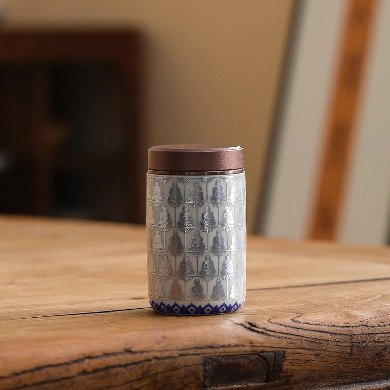 陶瓷迷你茶叶罐锡合金盖密封罐家用储物罐旅行便携小茶叶罐千佛