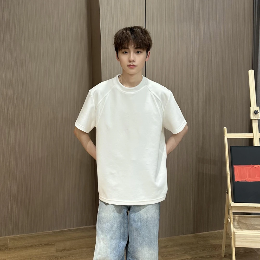 MANRE SHOW液氨太空棉拼接短袖T恤男夏季潮流宽松百搭半袖打底衫