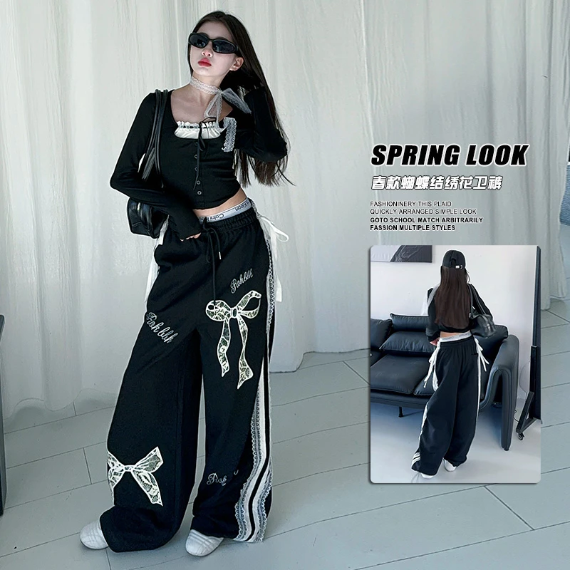 【嘻嘻柚】女童春季2025新款美式复古T恤蝴蝶结宽松阔腿卫裤两件套