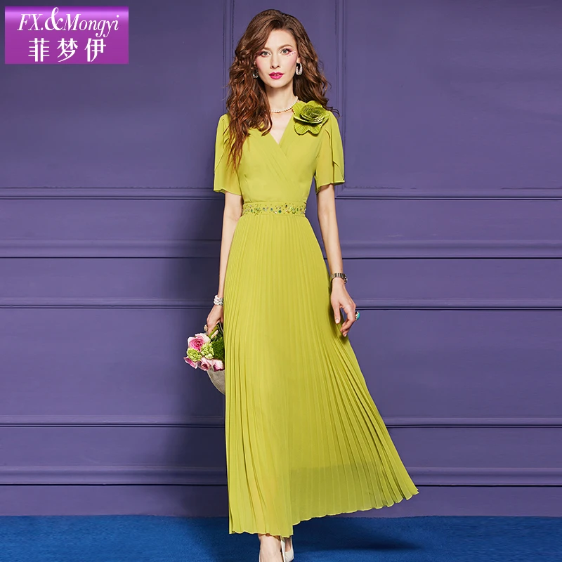 菲梦伊立体花朵钉珠连衣裙女短袖夏季法式收腰V领百褶长裙64870