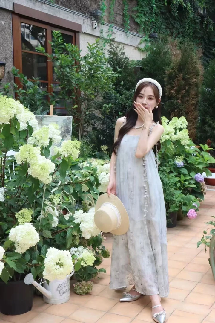 【花蝶仙】气质仙女网纱假两件夏季吊带连衣裙法式复古温柔风长裙子