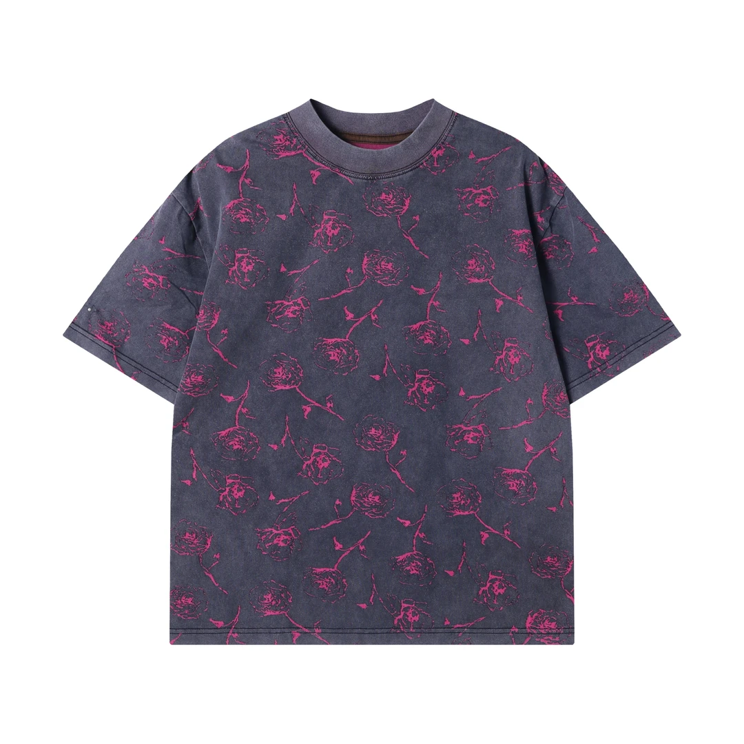 夏季高级感新款韩版做旧满印玫瑰印花圆领短袖T恤情侣复古上衣