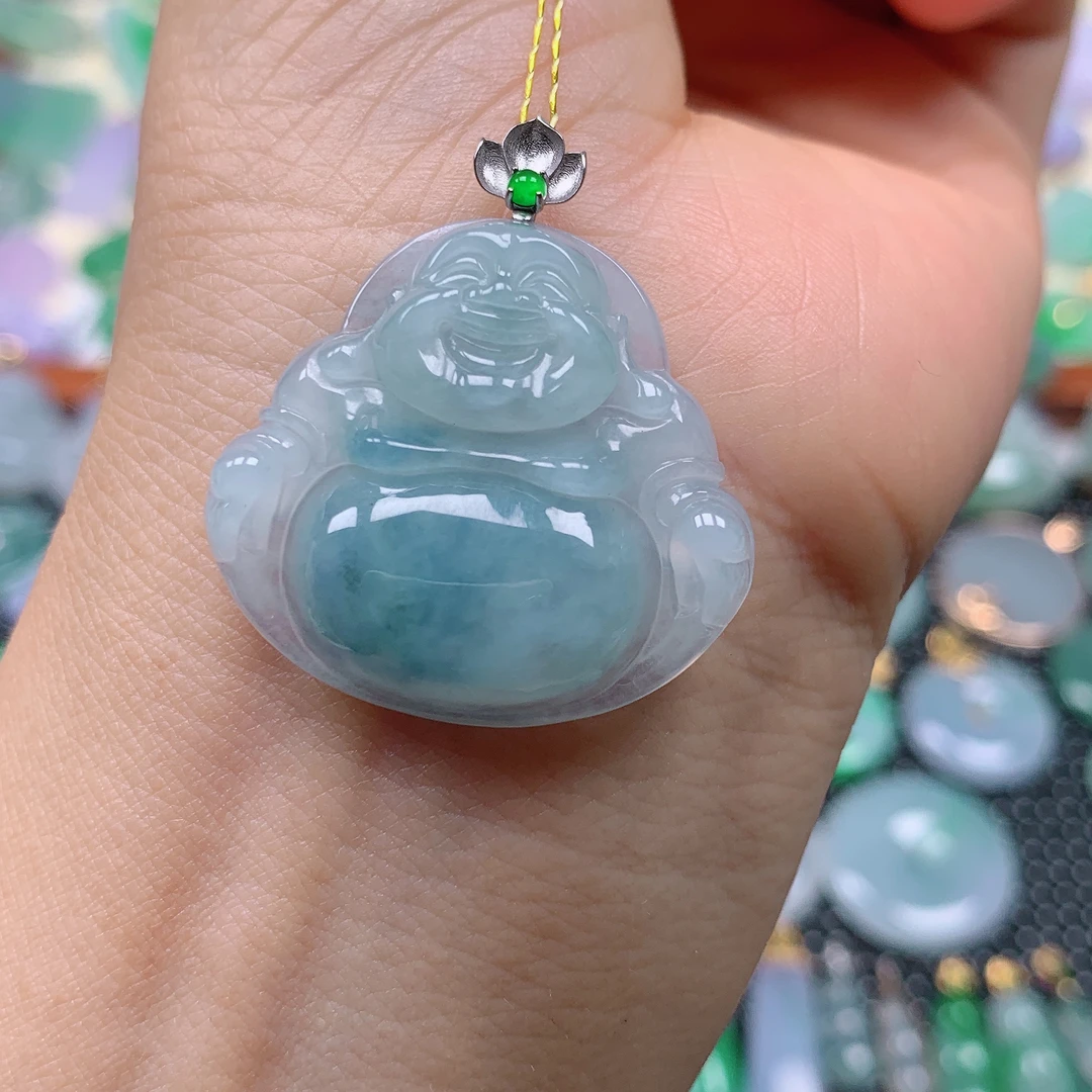 缅甸天然A货翡翠，冰飘花佛公 编号163/601尺寸28.3-30.8-6.2