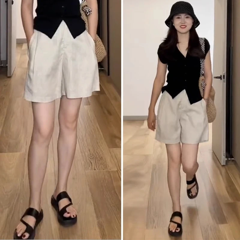 天丝亚麻短裤女2025夏季新款直筒薄款棉麻休闲五分冰丝阔腿中裤子