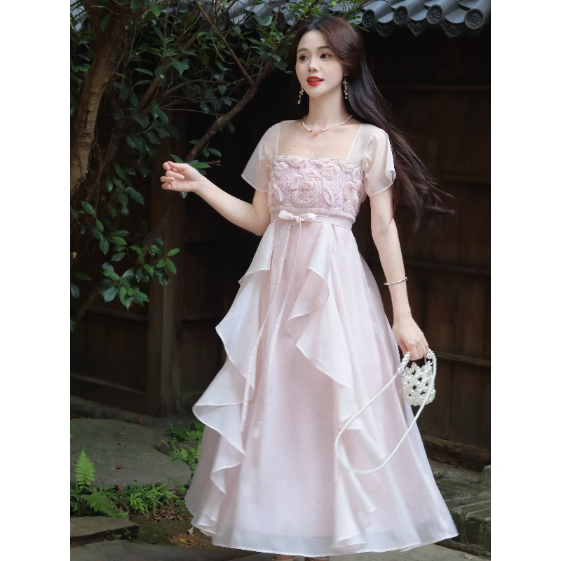 瑶西【花如月】浪漫粉调女夏长裙新中式收腰汉服裙摆层叠飘逸连衣裙