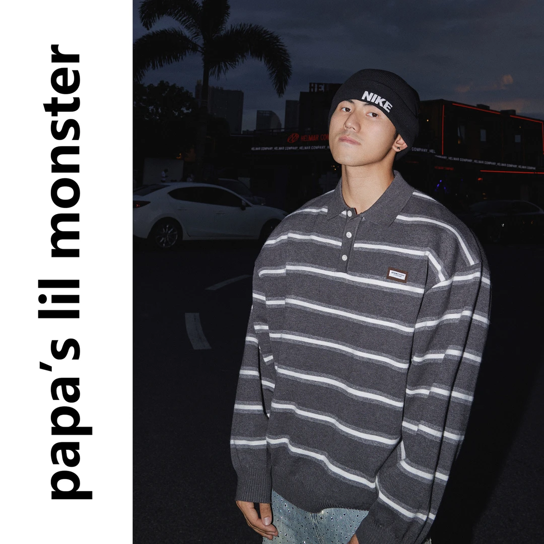 PAPASLILMONSTER【直接抄作业】美式条纹POLO领针织衫长袖毛衣男