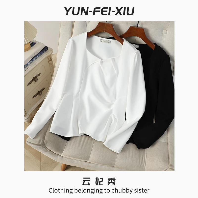 云妃秀大码女装T恤时尚休闲胖mm宽松显瘦设计感方领长袖秋季68132