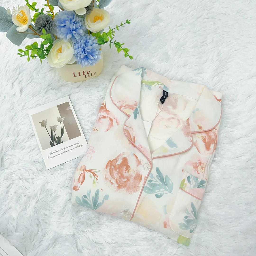 【R642】夏款鲜花满印短袖短裤+长裤三件套+胸垫【开衫款】