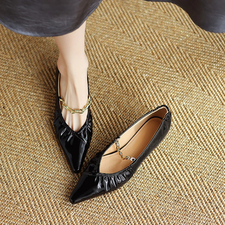 ANDER软羊皮浅口单鞋时尚轻奢尖头方跟金属链条一脚蹬单鞋女