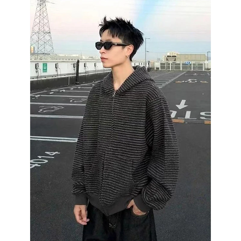 黑色条纹绒感连帽开衫卫衣男秋季美式拉链外套韩系穿搭慵懒风上衣