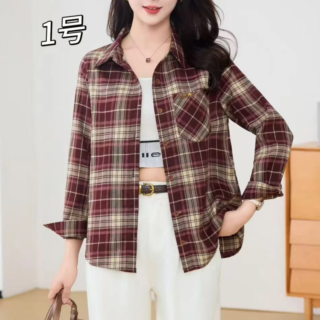 【洋玉服饰】女士长袖复古格子磨毛棉衬衫秋季时尚百搭宽松显瘦上衣