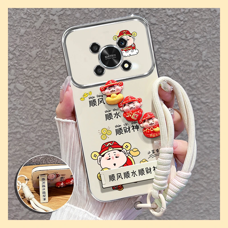 适用【荣耀x30】手机壳财神公仔电镀大视窗支架硅胶防摔卡通可爱女