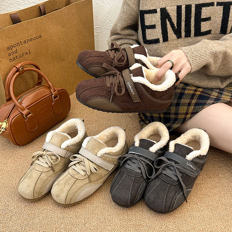 加绒德训鞋女2025冬季新款爆款魔术贴保暖毛毛棉鞋厚底休闲勃肯鞋