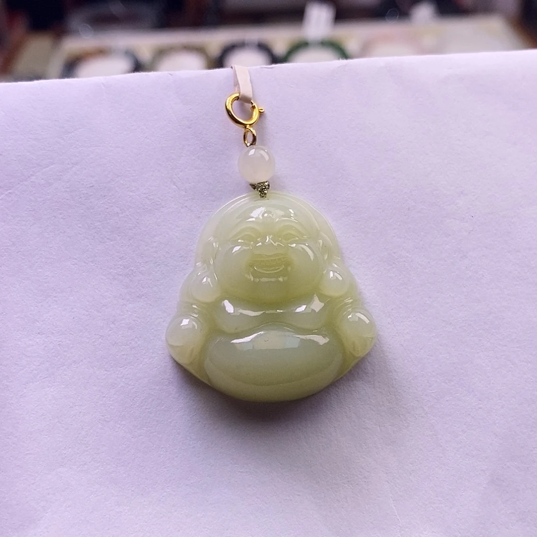 颈饰未镶嵌和田玉若羌黄口金镶佛公吊坠