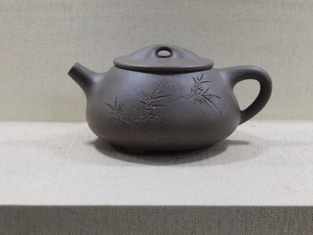 全手工原矿青灰泥石瓢壶,手工刻绘,容量360cc。紫砂壶纯手工茶壶
