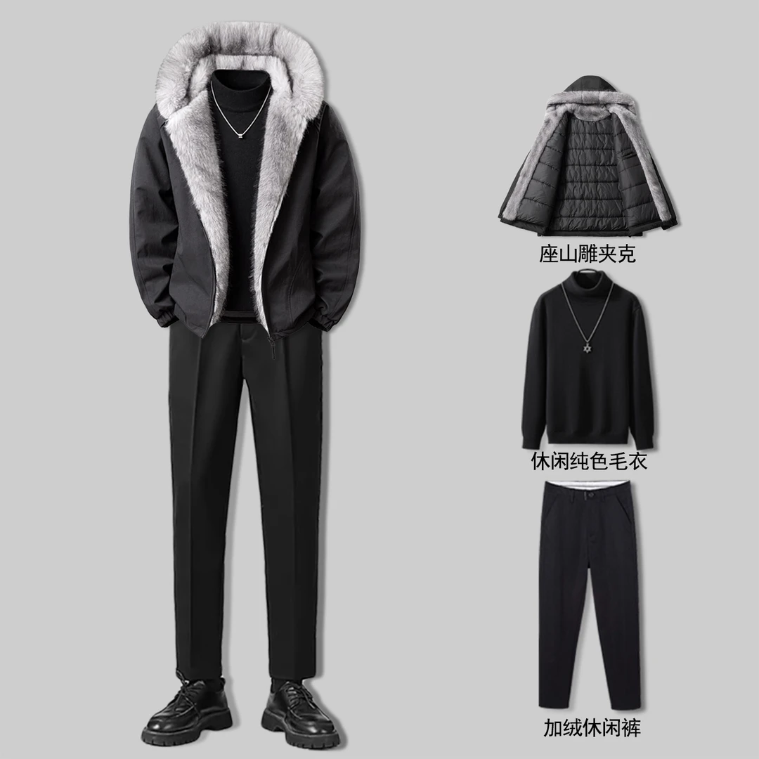 ohmmayby男装新款冬装加绒毛领厚外套连帽座山雕夹克男穿搭一整套
