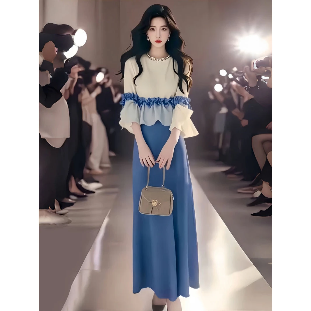 春季搭配一整套法式名媛气质高级感显瘦木耳边上衣半身裙两件套女