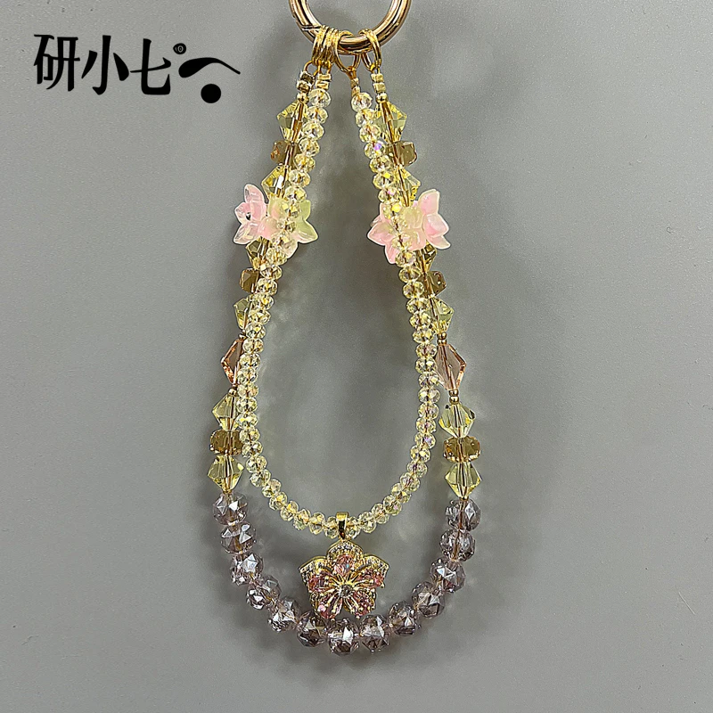 研小七少女风彩色配饰黄色粉红手机挂链花花挂绳轻奢防丢包挂B176